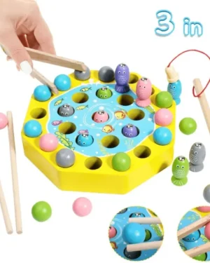Jeu de pêche magnétique Montessori 3 en 1 en bois pour développer la motricité fine, la coordination et l’apprentissage des enfants au Maroc.