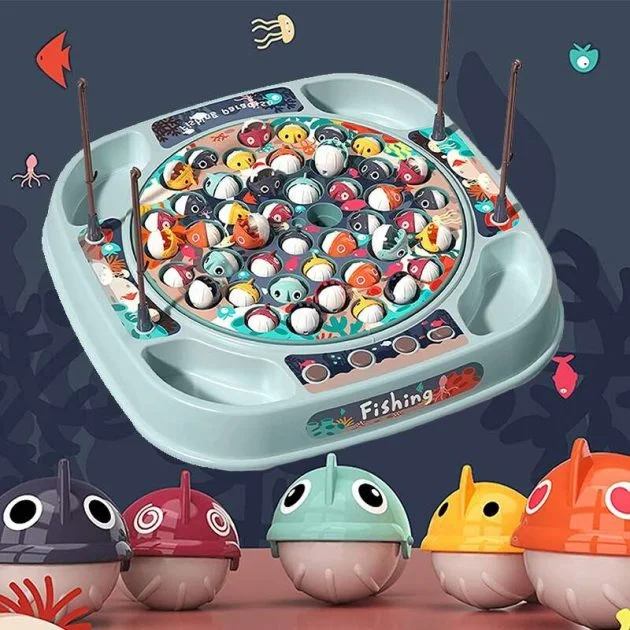 Jeu de pêche magnétique Montessori : plateau en bois tournant circulaire, poissons colorés à attraper avec des cannes aimantées, pour enfants dès 3 ans.