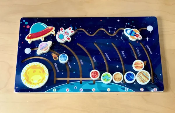 Puzzle des planètes, fusée et astronaute en bois – Jeu éducatif pour enfants au Maroc. Apprenez l’espace tout en jouant. Livraison Casablanca et régions.