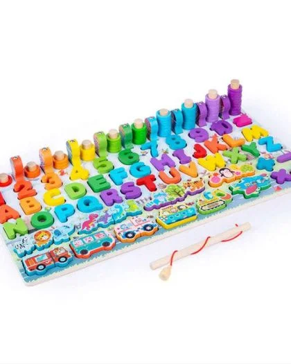 Plateau Montessori 7 en 1 mathématiques, alphabet, véhicules et jeu de pêche