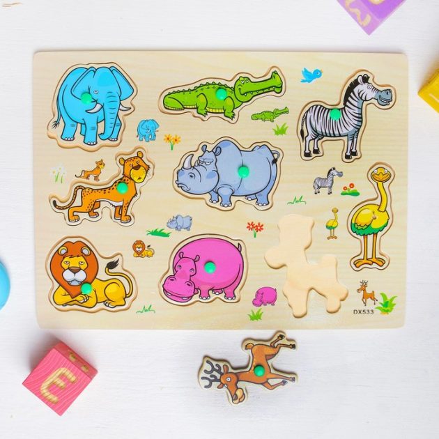 Puzzle éducatif à bouton en bois – Animaux – Magasin de jouets et