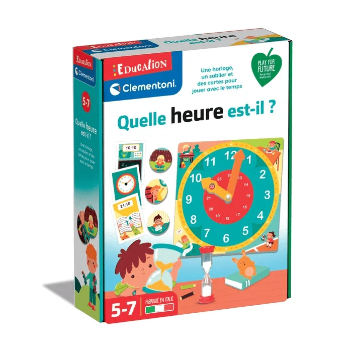 Quel heure est-il? Jeu éducatif pour apprendre à lire heure Concept de temps Sablier