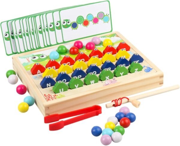 Chenille 3 en 1 Montessori : jeu de perles, pêche et séquences avec modèles pour développer motricité, logique et créativité des enfants au Maroc
