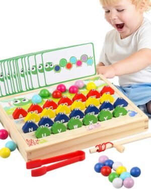Chenille 3 en 1 Montessori : jeu de perles, pêche et séquences avec modèles pour développer motricité, logique et créativité des enfants au Maroc