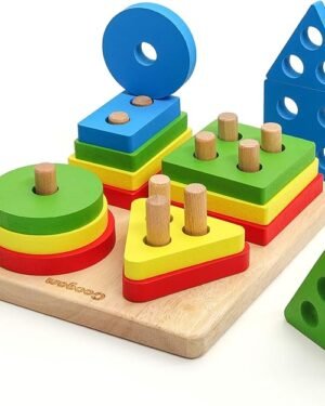 Jeu de tri et empilage en bois 3 en 1 avec formes géométriques colorées pour développer la motricité fine