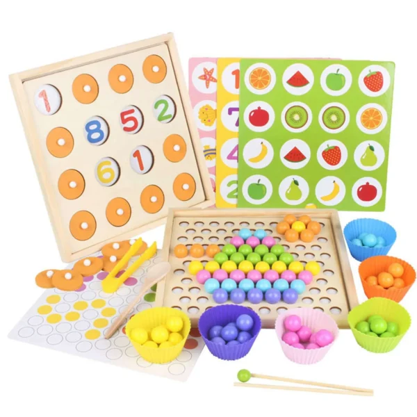 Plateau Montessori à perles et jeu de mémoire 2 en 1 – Jouet éducatif en bois pour enfants, développe motricité et concentration, disponible au Maroc