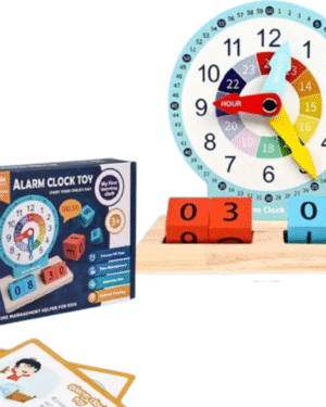 Horloge en bois Montessori avec chiffres colorés, aiguilles mobiles (heure et minute), idéale pour initier les enfants dès 3 ans à la lecture du temps et développer la motricité fine.