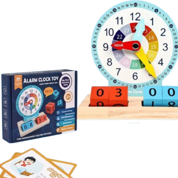 Horloge en bois Montessori avec chiffres colorés, aiguilles mobiles (heure et minute), idéale pour initier les enfants dès 3 ans à la lecture du temps et développer la motricité fine.