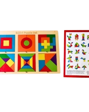 Kit Tangram 6 en 1 – Busy Board éducatif en bois pour enfants, stimule motricité fine, logique et créativité. Disponible au Maroc sur Playfun.ma