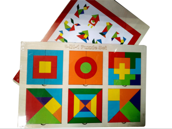 Kit Tangram 6 en 1 – Busy Board éducatif en bois pour enfants, stimule motricité fine, logique et créativité. Disponible au Maroc sur Playfun.ma