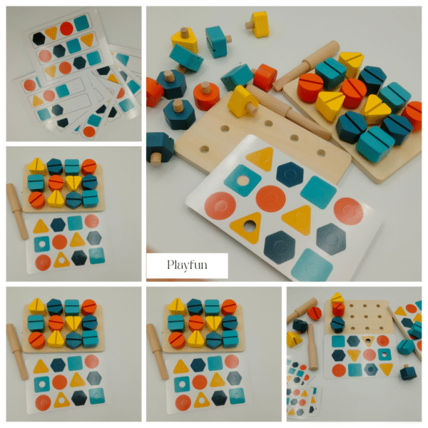 Plateau en bois avec vis et écrous – jeu de séquence logique et motricité fine