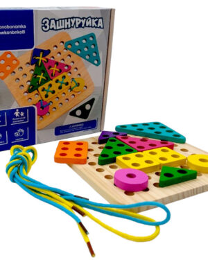 Plateau Montessori en bois avec formes colorées et lacets