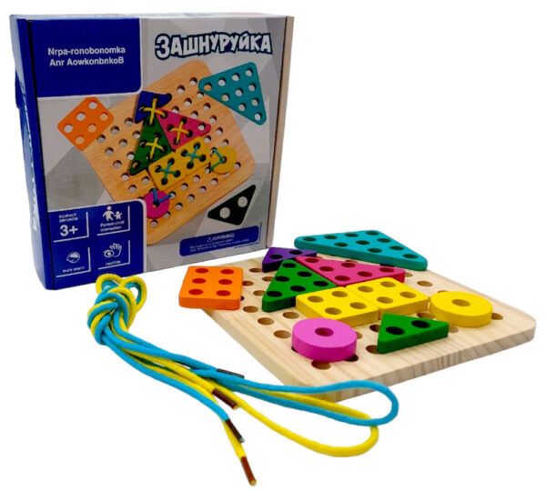 Plateau Montessori en bois avec formes colorées et lacets