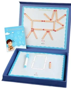 Enfant jouant avec un jeu d’allumettes magnétiques en bois coloré pour créer des formes