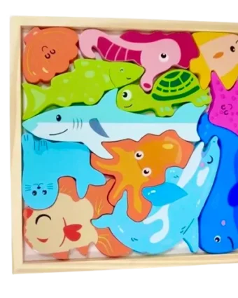 Méga Tangram des animaux marins en bois