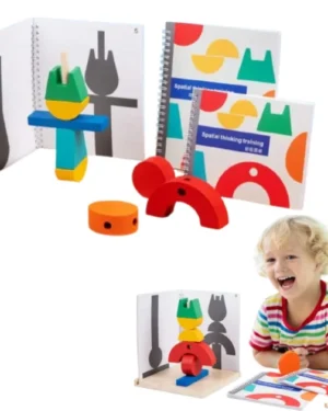 Blocs de construction 3D Montessori pour enfants, projection tridimensionnelle, jouet éducatif en bois au Maroc pour développer créativité et motricité fine.