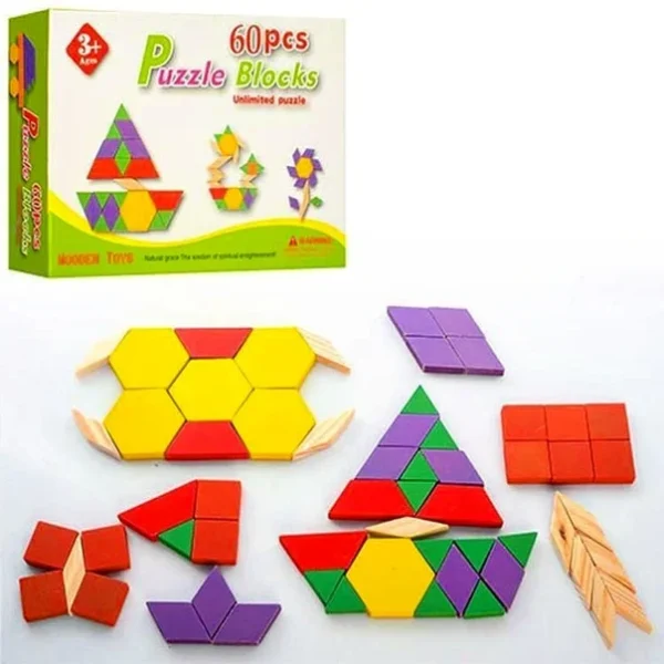 Mini Bloc Montessori mosaïque avec modèles 60 pièces, jouet éducatif en bois au Maroc pour développer créativité, logique et motricité fine des enfants.