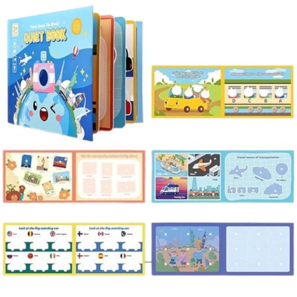 Livre éducatif en feutrine Montessori – Quiet Book sur le thème du tour du monde avec activités interactives