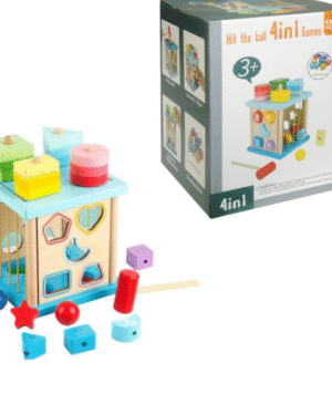 Jeu éducatif en bois 4 en 1 pour enfants : formes à encastrer, empiler, marteler et enfiler pour apprentissage moteur