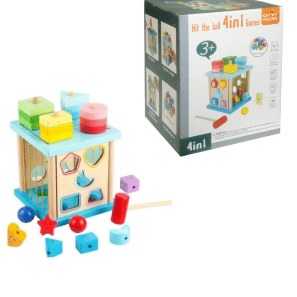 Jeu éducatif en bois 4 en 1 pour enfants : formes à encastrer, empiler, marteler et enfiler pour apprentissage moteur
