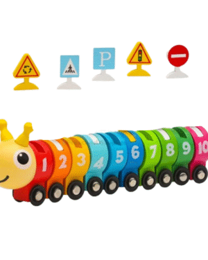 Train à chenilles en bois – avec chiffres colorés et panneaux de signalisation pour apprendre les nombres et les règles de circulation en s’amusant.