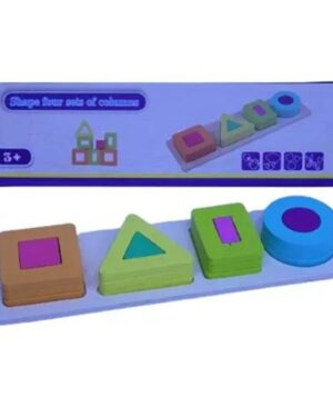 Jeu en bois avec formes géométriques à empiler : carré, rectangle, triangle et cercle multicolores pour apprentissage ludique