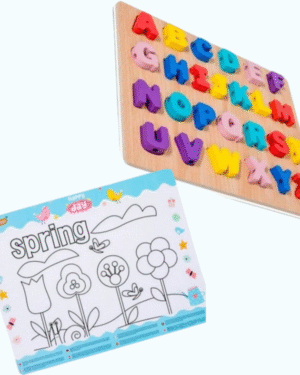Tableau éducatif avec lettres majuscules à enfiler pour apprentissage de l’alphabet et coordination main-œil