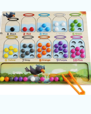 Plateau éducatif Montessori avec perles colorées, chiffres et activité de tri pour l’apprentissage des mathématiques