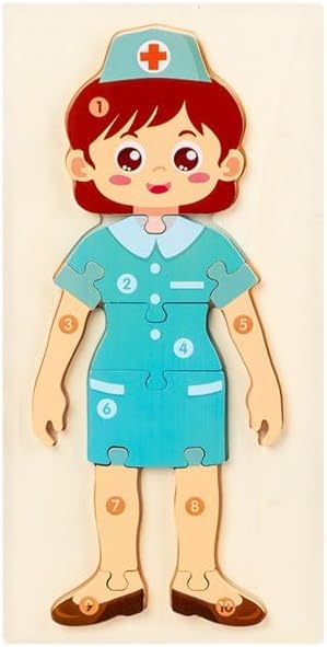 Puzzle en bois du corps humain avec thème infirmière – jeu éducatif sur l’anatomie et les professions médicales