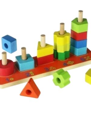 Jeu en bois avec chiffres de 1 à 5 et formes à empiler pour apprentissage des nombres et coordination main-œil