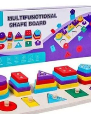 Jeu en bois avec formes géométriques à empiler : triangle, carré, cercle et rectangle pour apprentissage ludique