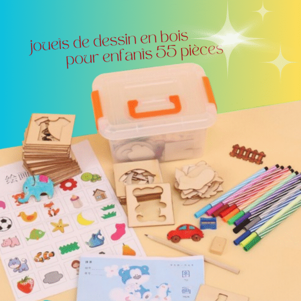Jouet éducatif en bois pour le dessin et la création, composé de 55 pièces colorées