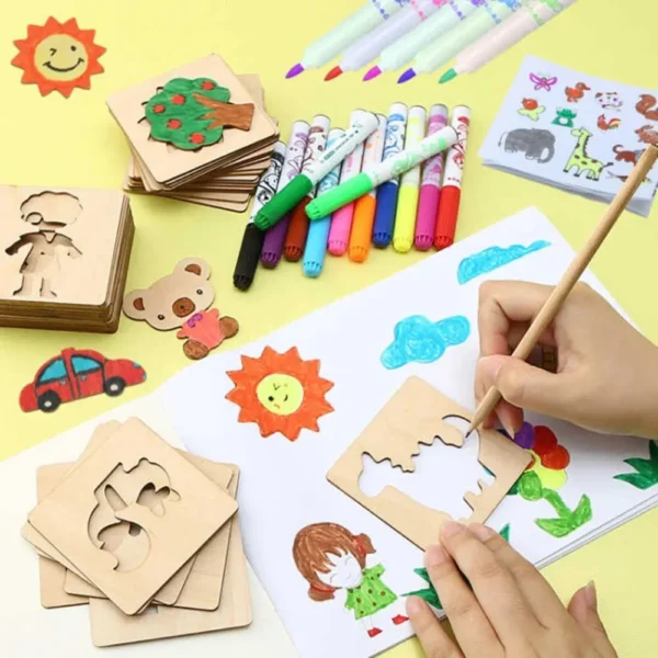 Jouet éducatif en bois pour le dessin et la création, composé de 55 pièces colorées