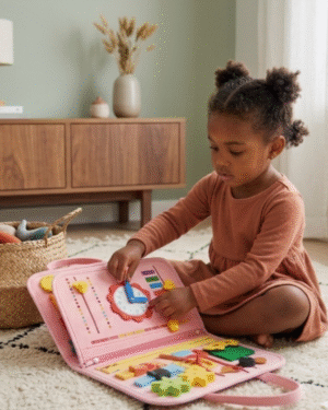 Busy Board Montessori en bois portable pour bébé avec formes, textures et fermetures éclair colorées
