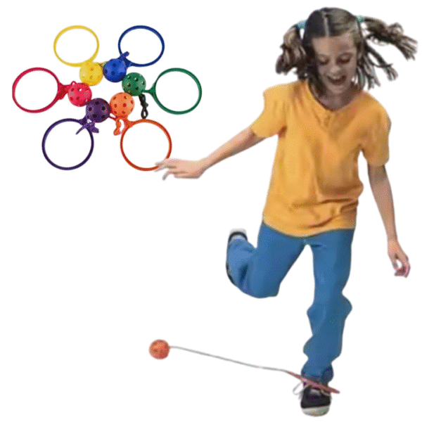 Photo d’un jeu de saut à la cheville avec balle : anneau ajustable autour de la cheville, balle à faire tourner et saut à cloche‑pied pour entraîner coordination et équilibre chez les enfants dès 6 ans