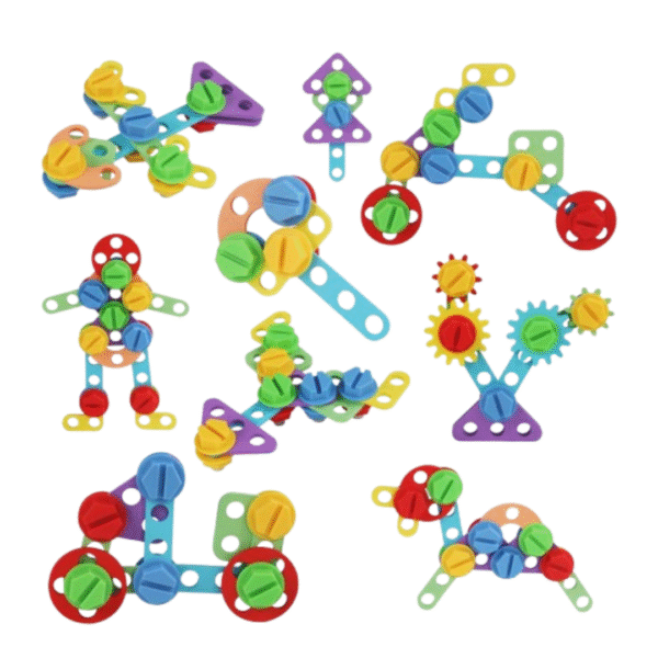 Photo d’un panneau Montessori en bois intégrant vis à serrer/desserer et engrenages colorés — destiné à développer la coordination des mains, la dextérité et la compréhension mécanique chez l’enfant dès 3 ans. playfun.ma