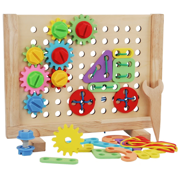 Photo d’un panneau Montessori en bois intégrant vis à serrer/desserer et engrenages colorés — destiné à développer la coordination des mains, la dextérité et la compréhension mécanique chez l’enfant dès 3 ans. playfun.ma