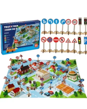 Photo du jeu éducatif en bois « Apprendre les panneaux de signalisation » : panneaux routiers, cartes illustrées et tapis de jeu pour apprendre les signaux routiers dès 3 ans. PlayFun Maroc