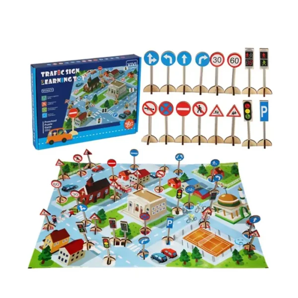 Photo du jeu éducatif en bois « Apprendre les panneaux de signalisation » : panneaux routiers, cartes illustrées et tapis de jeu pour apprendre les signaux routiers dès 3 ans. PlayFun Maroc