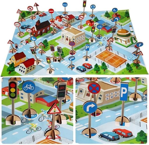 Photo du jeu éducatif en bois « Apprendre les panneaux de signalisation » : panneaux routiers, cartes illustrées et tapis de jeu pour apprendre les signaux routiers dès 3 ans. PlayFun Maroc