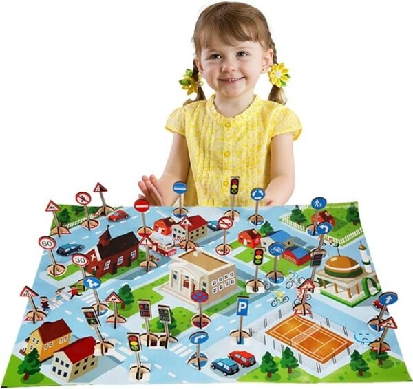 Photo du jeu éducatif en bois « Apprendre les panneaux de signalisation » : panneaux routiers, cartes illustrées et tapis de jeu pour apprendre les signaux routiers dès 3 ans. PlayFun Maroc