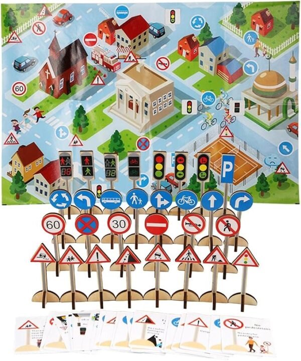 Photo du jeu éducatif en bois « Apprendre les panneaux de signalisation » : panneaux routiers, cartes illustrées et tapis de jeu pour apprendre les signaux routiers dès 3 ans. PlayFun Maroc