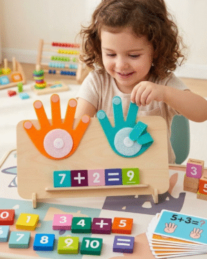 Jeu éducatif en bois Montessori montrant des cartes de comptage avec doigts levés et supports graphiques de pré-écriture – favorise les compétences en comptage, motricité fine et coordination œil‑main chez l’enfant