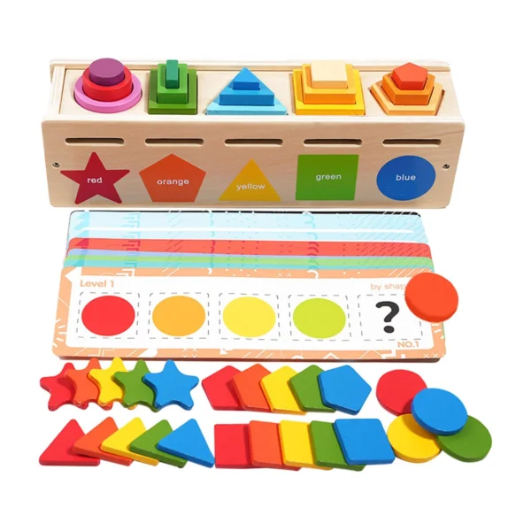 ouet Montessori en bois pour trier et empiler des formes colorées avec cartes modèles — développement de la coordination œil‑main et de la motricité fine.