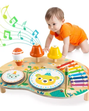 Photo d’une batterie Montessori en bois pour enfants : tambours, cymbale et xylophone arc‑en‑ciel, conçue pour éveiller les capacités musicales, motrices et sensorielles dès le préscolaire PlayFun Maroc