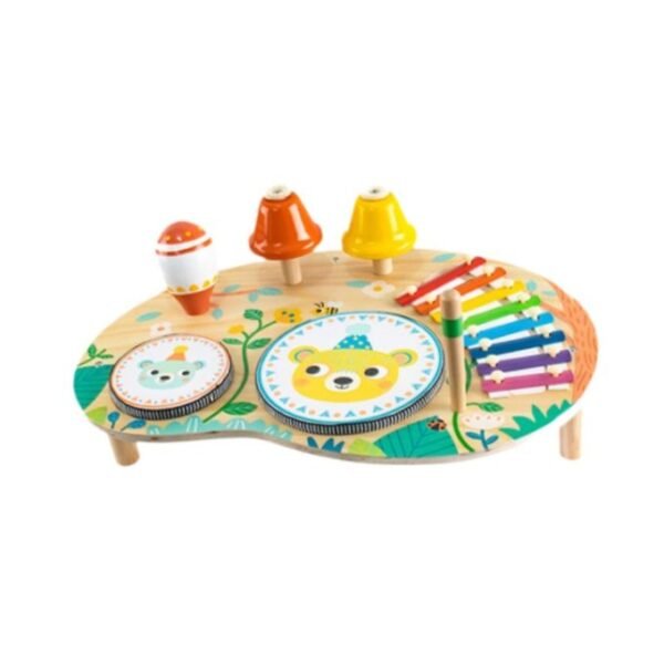 Photo d’une batterie Montessori en bois pour enfants : tambours, cymbale et xylophone arc‑en‑ciel, conçue pour éveiller les capacités musicales, motrices et sensorielles dès le préscolaire PlayFun Maroc