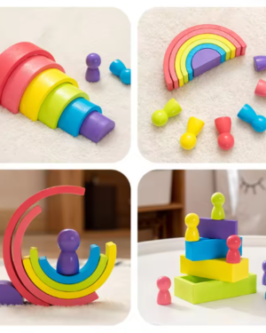 Set de construction en bois Montessori 28 pièces arc‑en‑ciel – empilage, imbrication et alignement pour stimuler la motricité fine, l’imagination et la reconnaissance des couleurs chez l’enfant. PlayFun Maroc