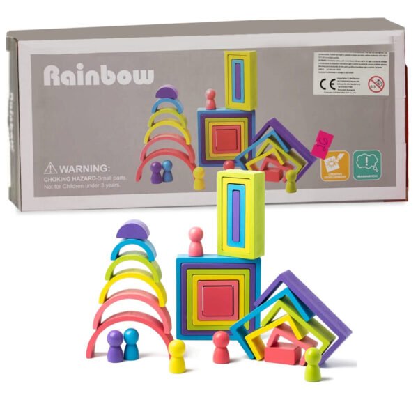 Set de construction en bois Montessori 28 pièces arc‑en‑ciel – empilage, imbrication et alignement pour stimuler la motricité fine, l’imagination et la reconnaissance des couleurs chez l’enfant. PlayFun Maroc