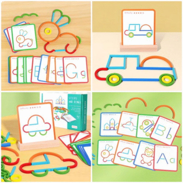 Bâtons et Anneaux en bois Montessori : lettres, animaux & formes géométriques