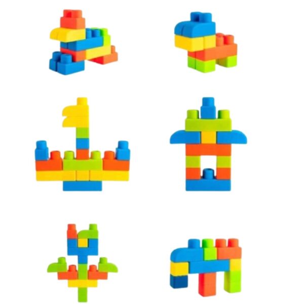 Blocs de construction souples en silicone de couleurs pastel, adaptés aux bébés selon la méthode Montessori, favorisant la motricité et l’exploration sensorielle.